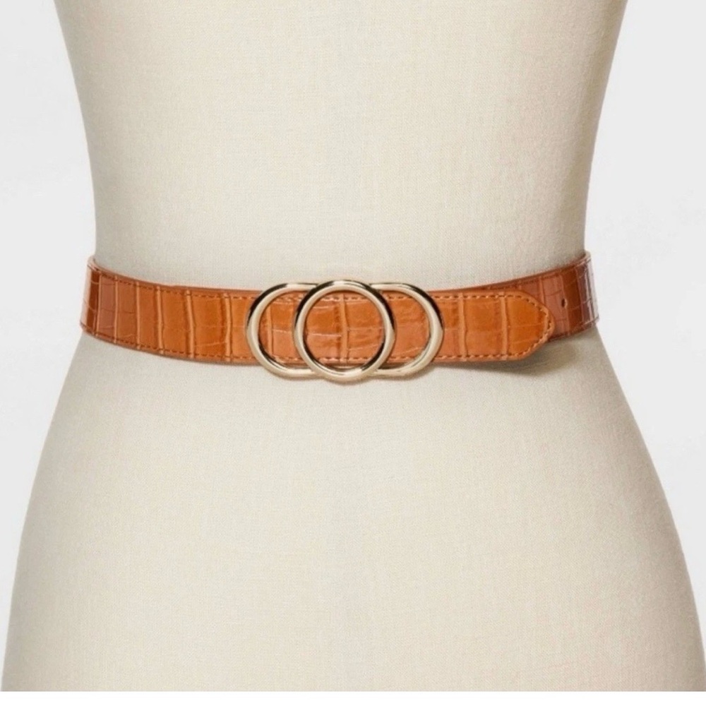 A New Day Womens XL Cognac Belt Gold Double Ring Buckle Tan Waist Belt - Picture 4 of 8